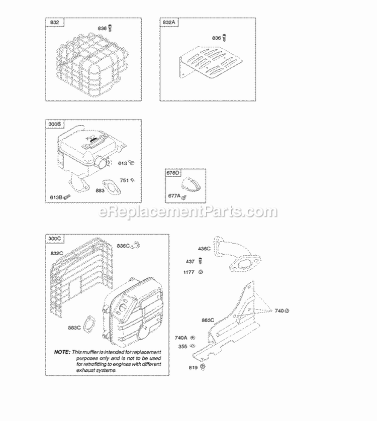 Exhaust System Diagram and Parts List for 21M317-0115-E1  Briggs and Stratton Engine